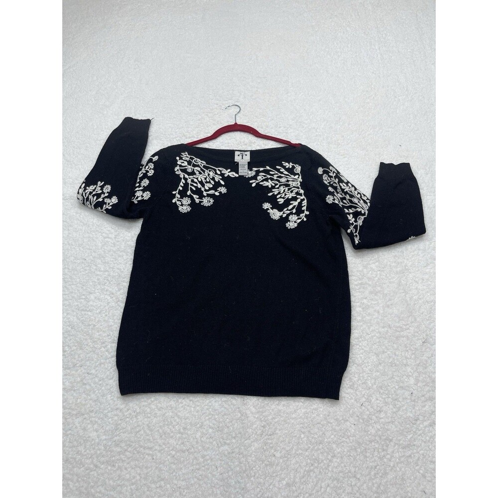 Rain Rose Sweater Women Black Embroidery Floral Preppy Stretch Large